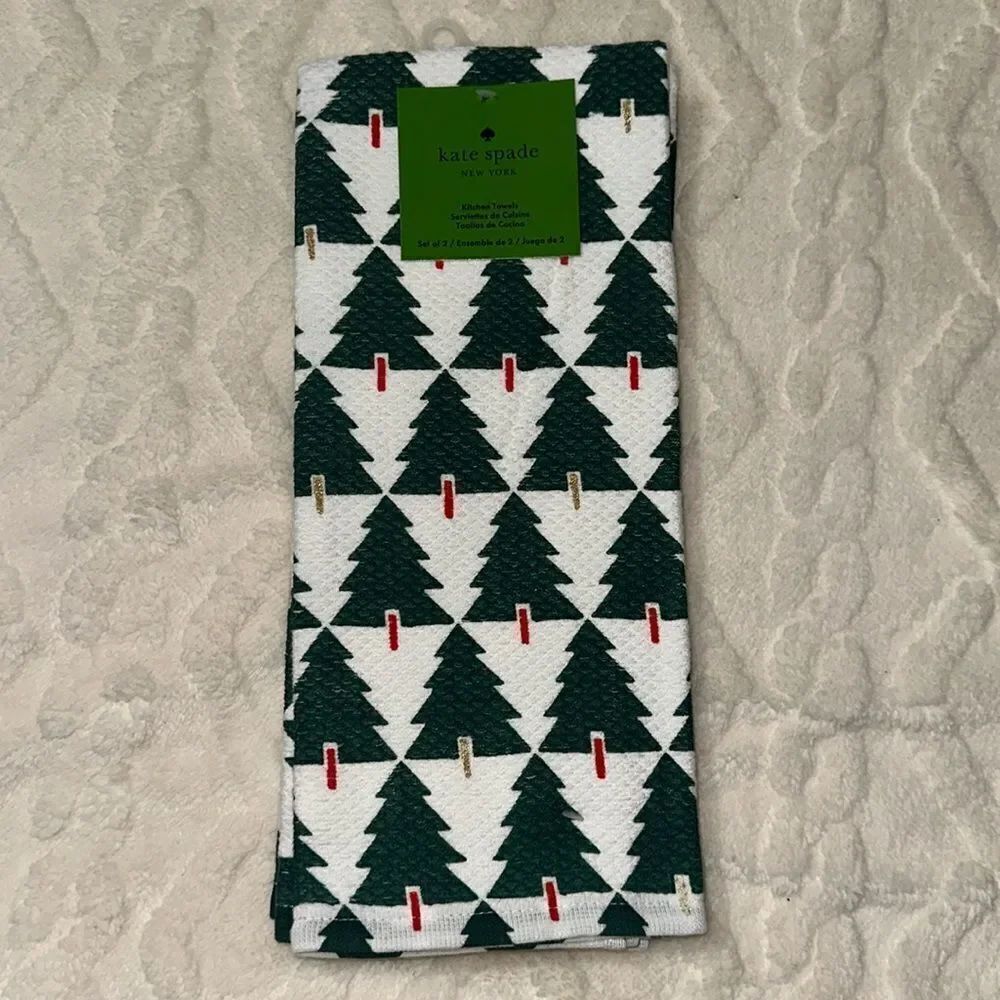 kate spade 2 Cotton White Green Red Gold Metallic Christmas Tree Kitchen Towels